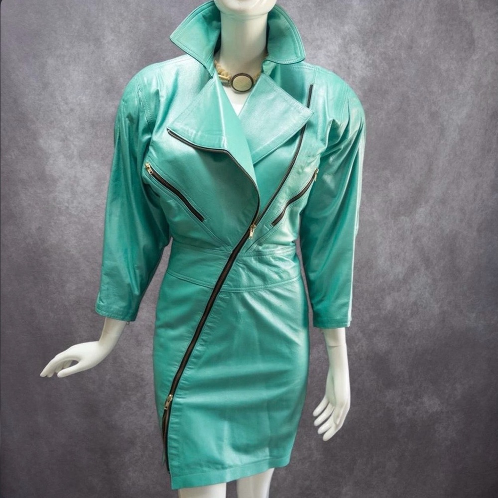 Vintage 80’s Leather Gallery Turquoise Leather Moto Dress
